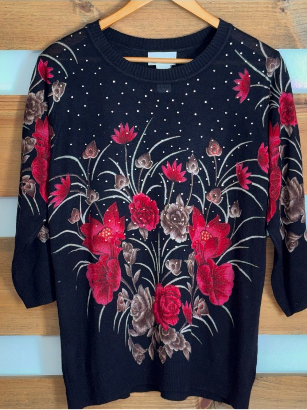 Rebecca Malone Black 3/4 Sleeve Floral w/Sequins Women's Chic Sweater Size Large